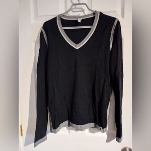 Black V-Neck Sweater with Gray Trim